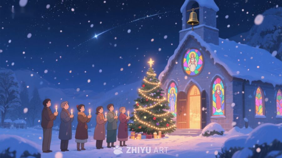 雪夜教堂前的圣诞树与祈祷人群 374