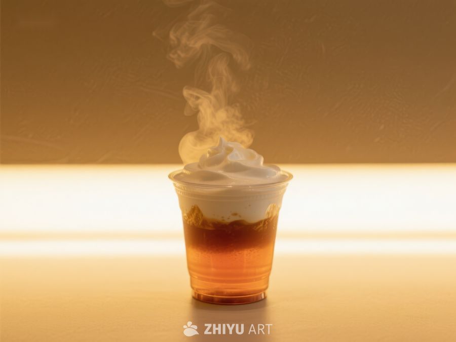 热饮杯中冒烟，顶部奶油装饰