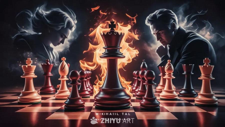 棋盘上摆放着各种棋子，一个黑色的皇后棋子被火焰环绕