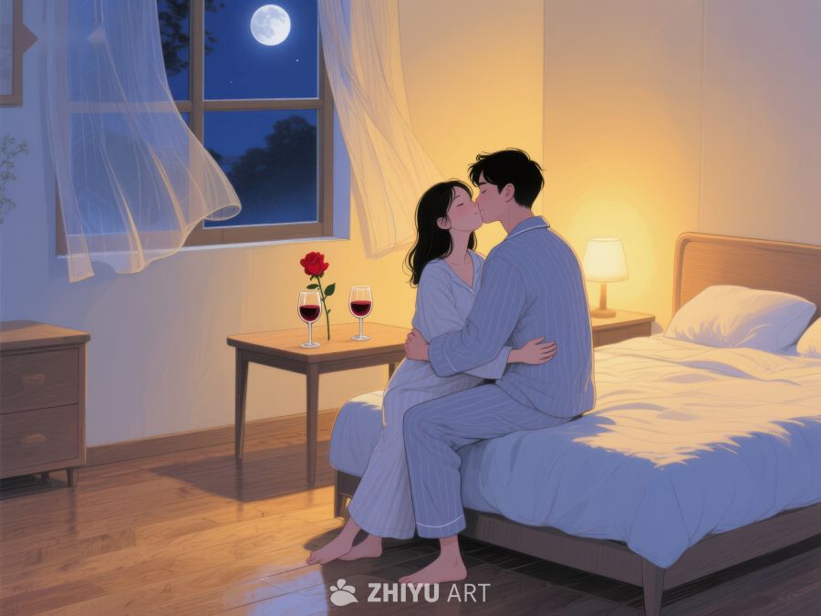 月夜温馨时刻，情侣床边相拥 1241
