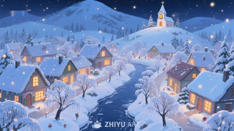 雪夜小镇，灯火温馨 440