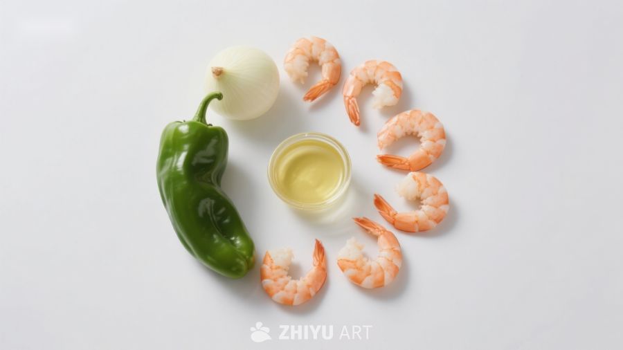 虾仁青椒洋葱食材摆盘