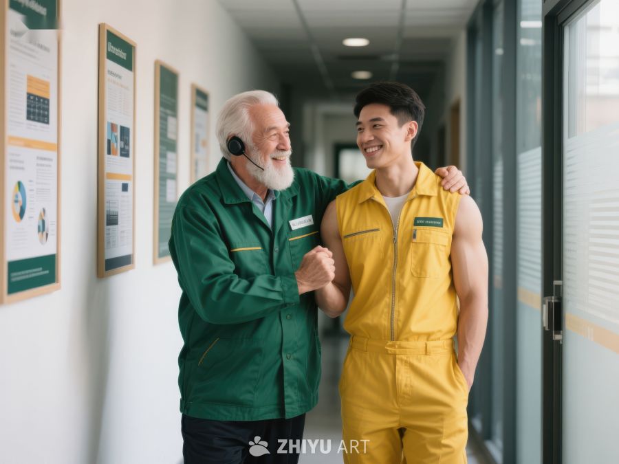 两位工人在走廊交谈 253