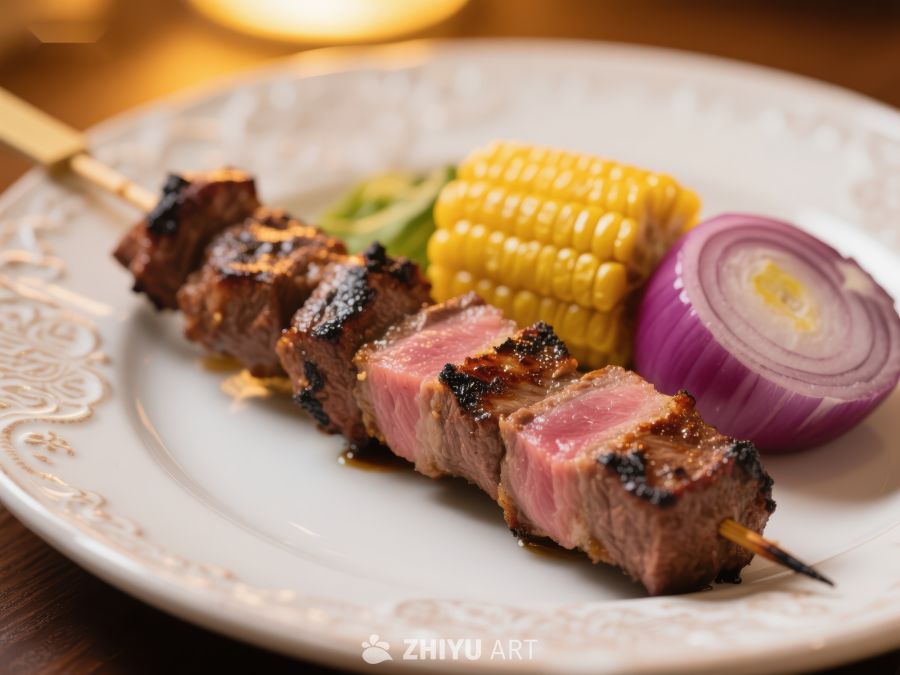 烤肉串配玉米和洋葱