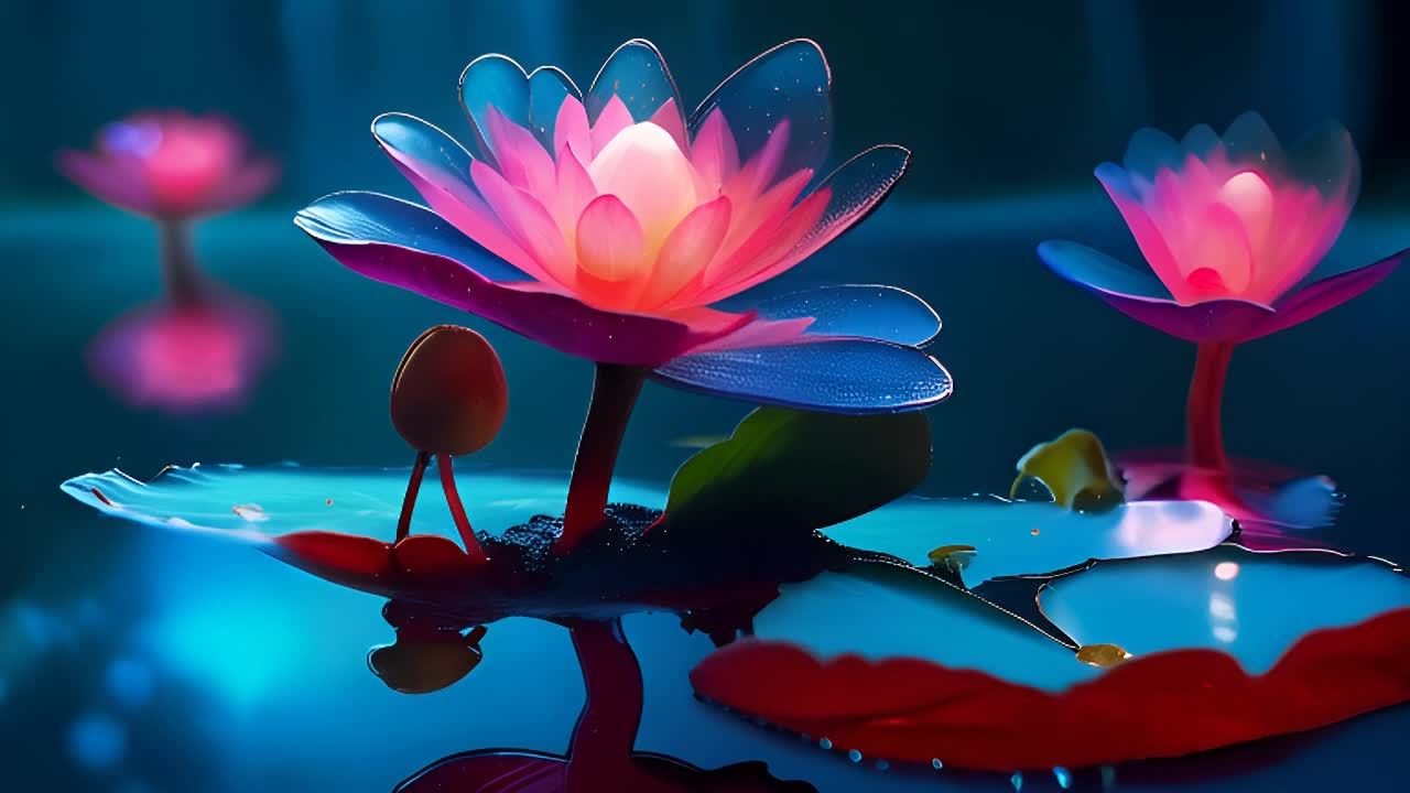 三朵莲花在水面上，一朵莲花的花瓣是粉色和蓝色，花蕊