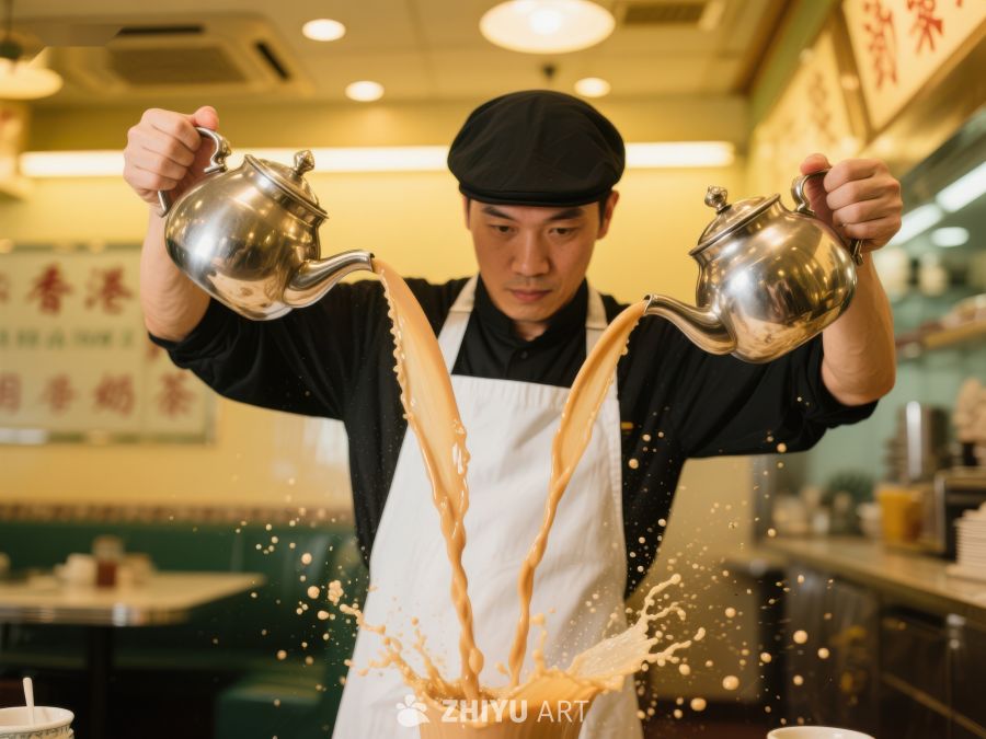 茶艺师双手倾倒奶茶，溅起奶泡