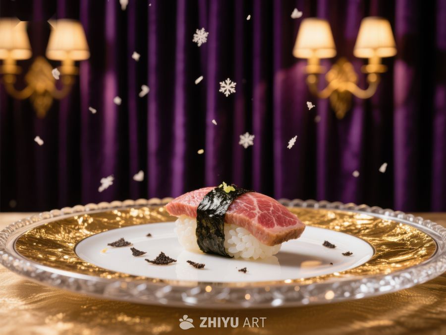 精致寿司盘中呈现，紫色帷幕背景 97