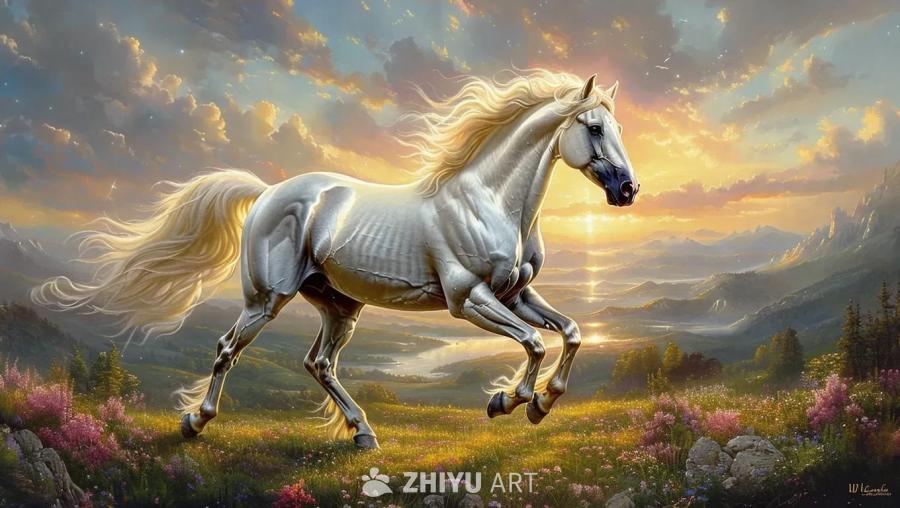 一匹肌肉发达、体格健壮的白色骏马奔跑在开满鲜花的草