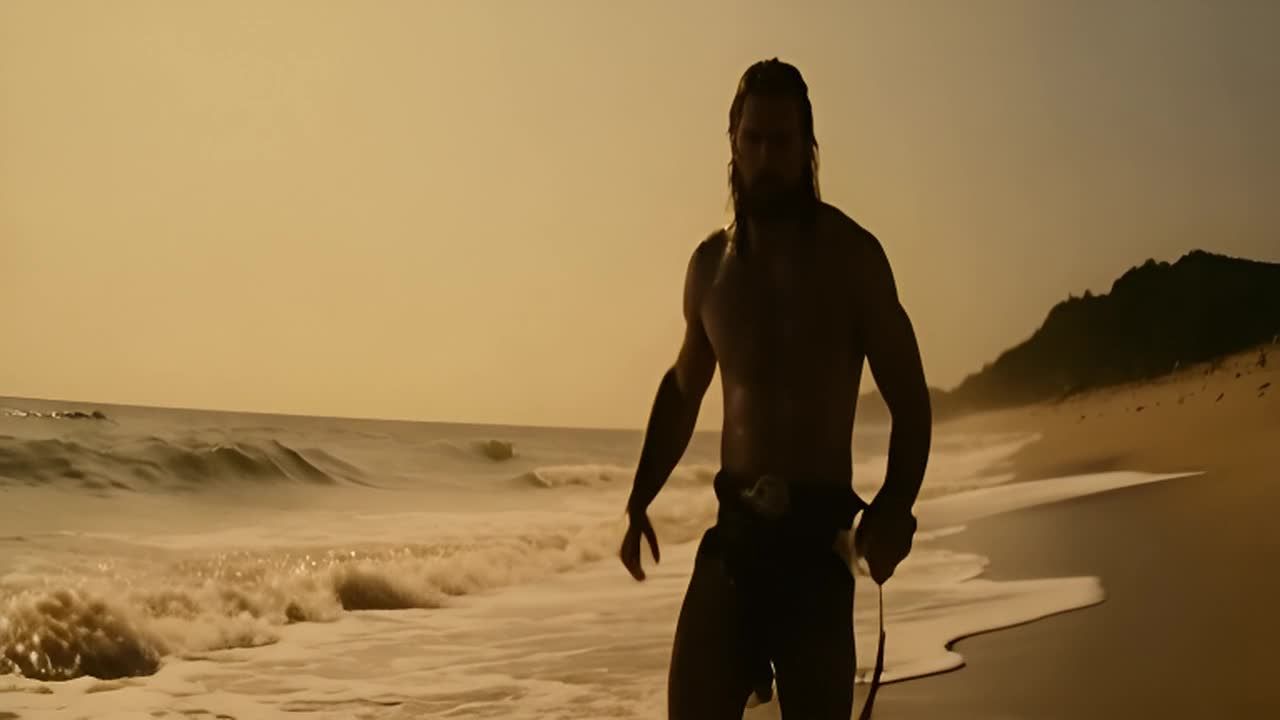 海滩上波涛汹涌，一个海盗从水中走出。远处深海里有一