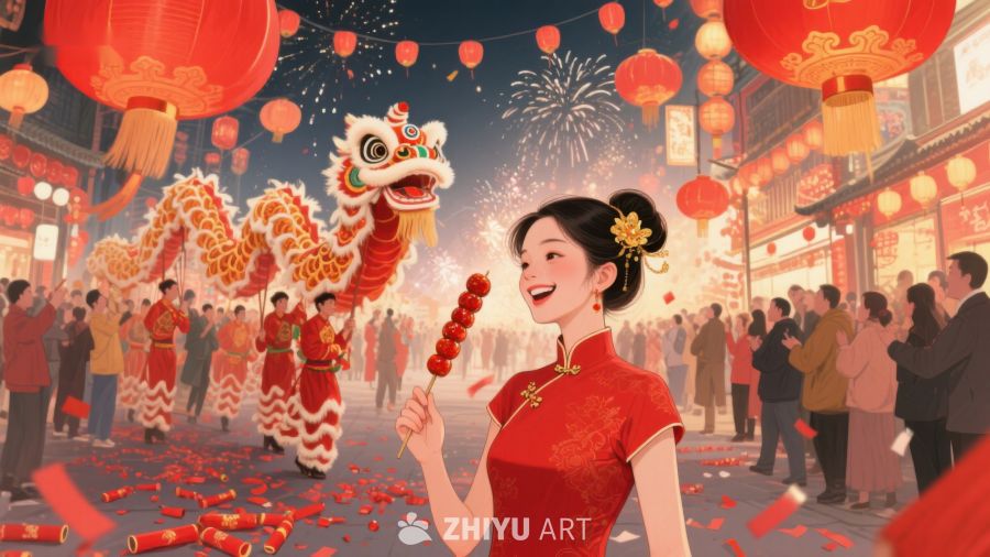 欢庆春节：舞龙表演与烟花绽放 387