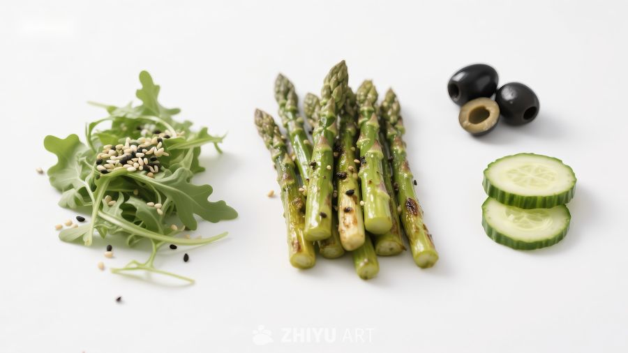 新鲜蔬菜组合：芦笋、生菜、黄瓜和橄榄