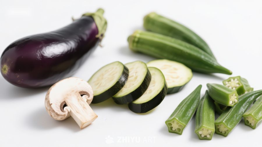 新鲜蔬菜展示：茄子、蘑菇、黄瓜和秋葵