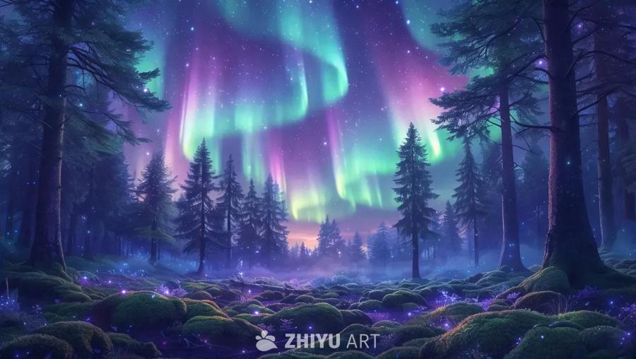 在夜空下，可见彩色极光在森林上空舞动。极光呈现出紫