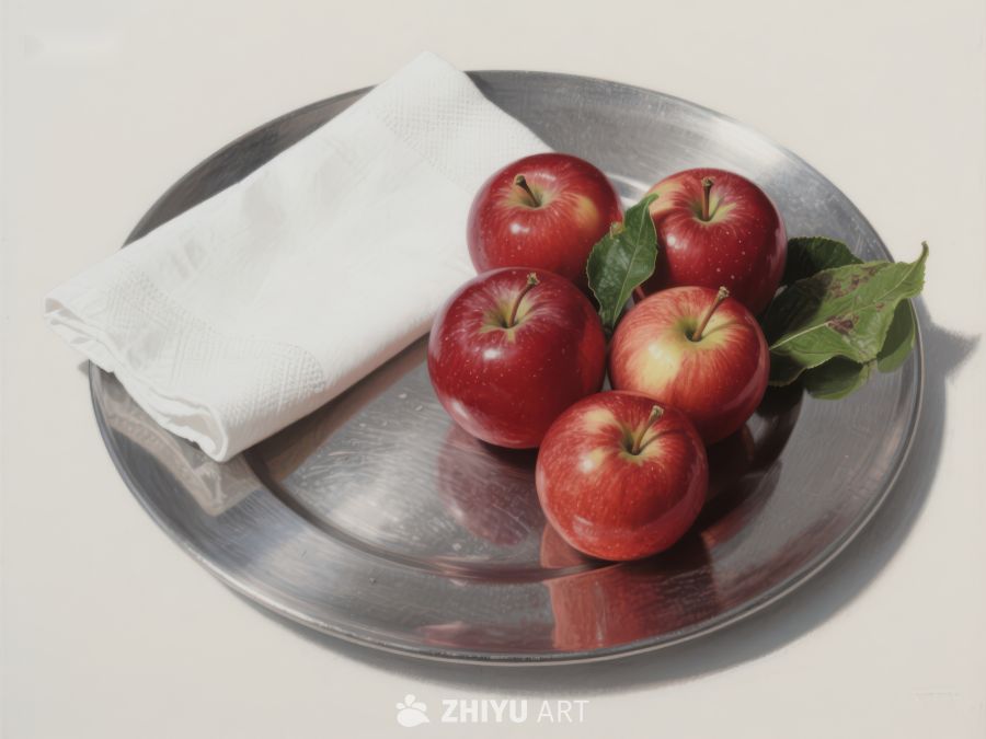 银盘上的红苹果与白布 694