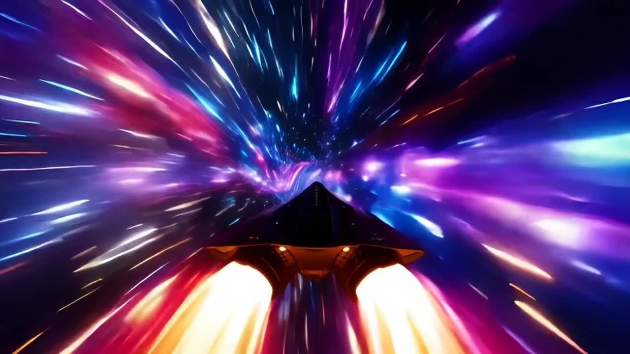 一艘宇宙飞船在由星星和旋转星系组成的迷人隧道中穿梭