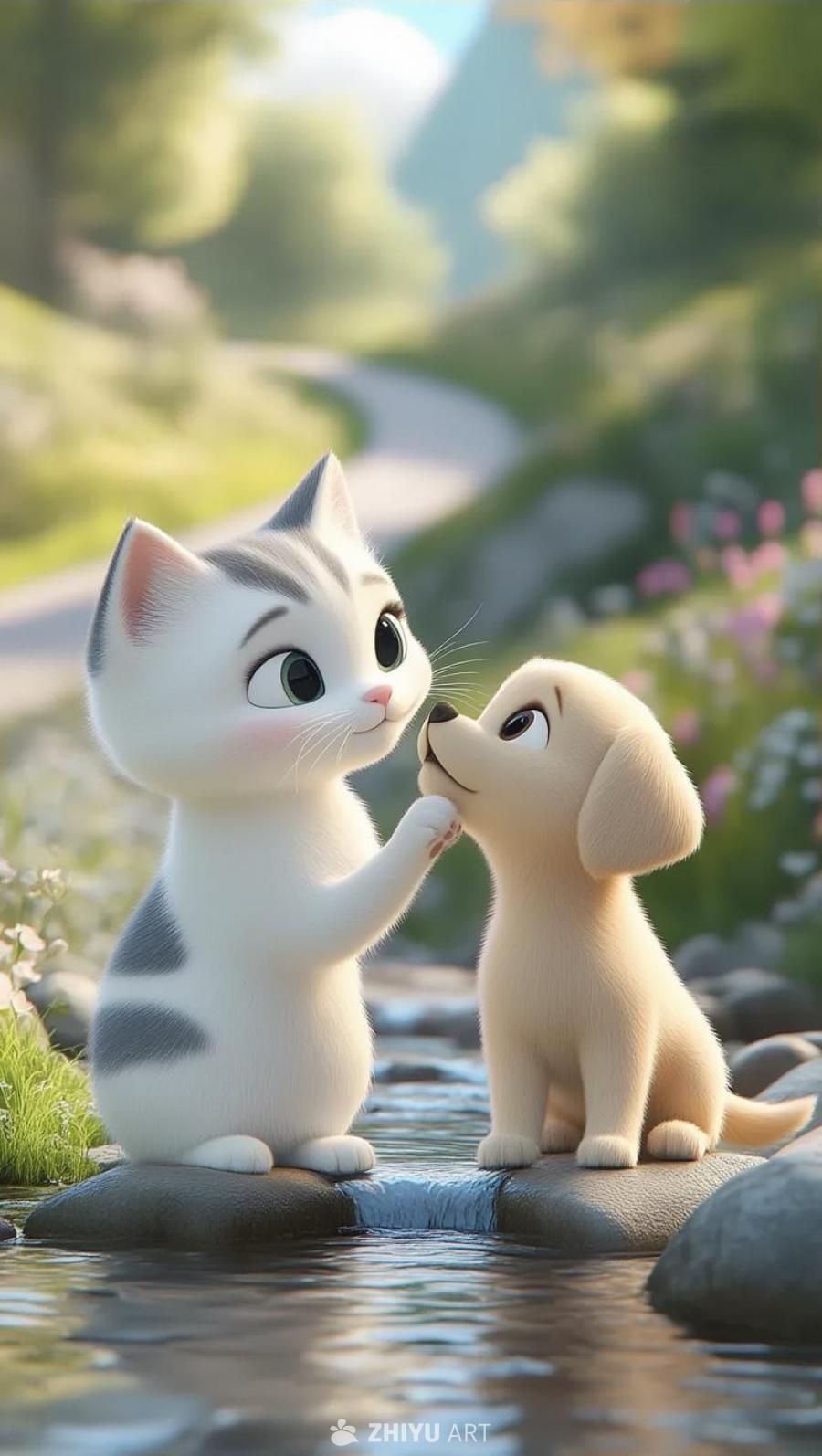 一只白色小猫，边缘有灰色条纹，站在小溪边，爪子放在