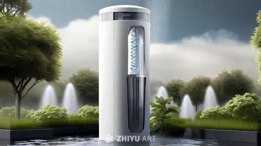 一个白色的圆柱形物体矗立在水面上，圆柱体中间有一个