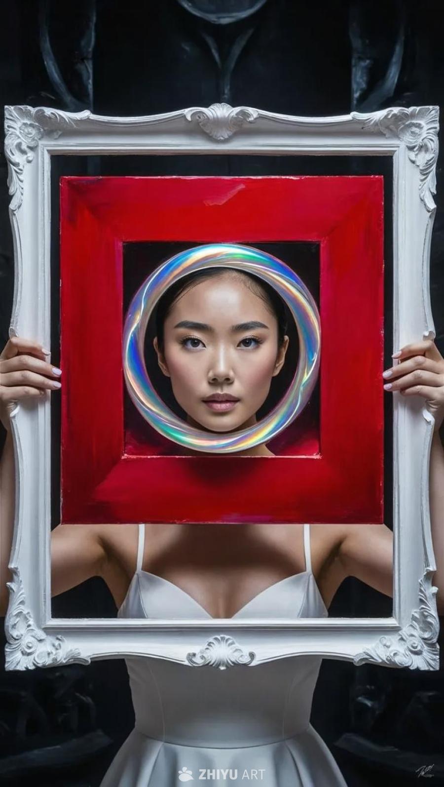 一个女人将一个大红框的画框举在她的脸前。背景是深色