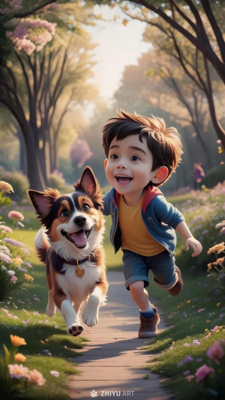 一个活泼且有魅力的男孩和他活泼的犬类伙伴在3D动画