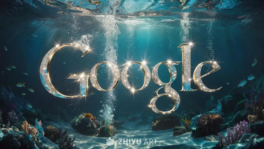“Google”一词以闪闪发光的字母形式出现在水下
