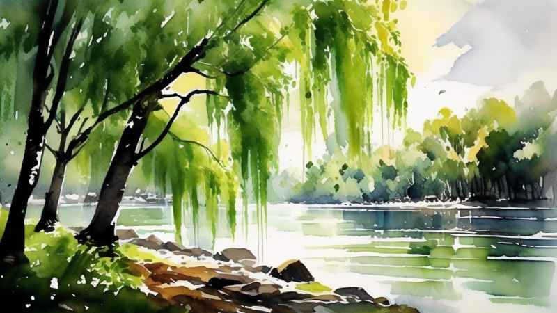 河边柳树插画风景图 36