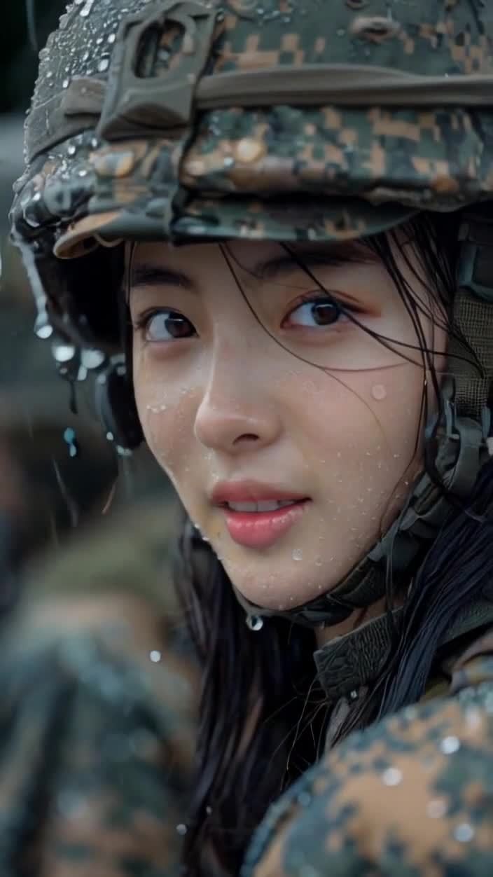 雨中微笑的女兵战士特写