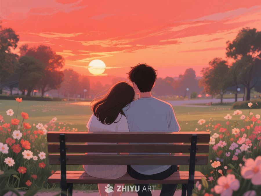 情侣公园长椅上共赏夕阳 526