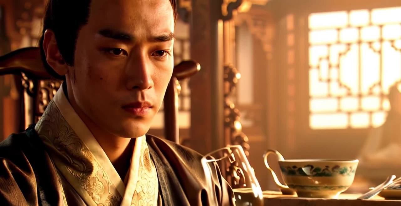 一个年轻男子坐在中式桌子前，他眼神迷离。男子手持酒