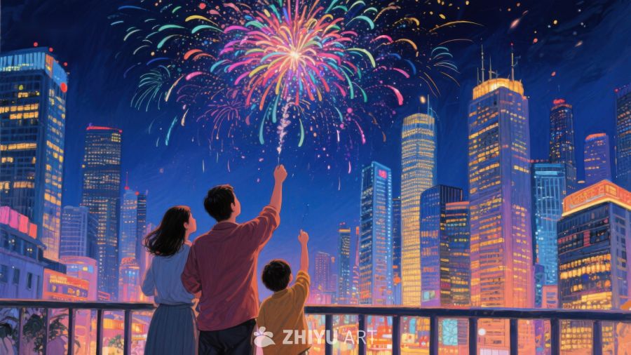 夜空烟花下的城市剪影 1216