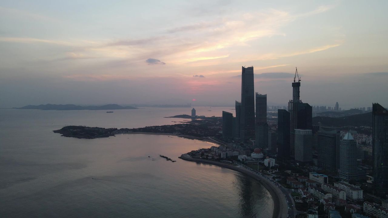 海上日出日落晚霞夕阳山东青岛航拍 
