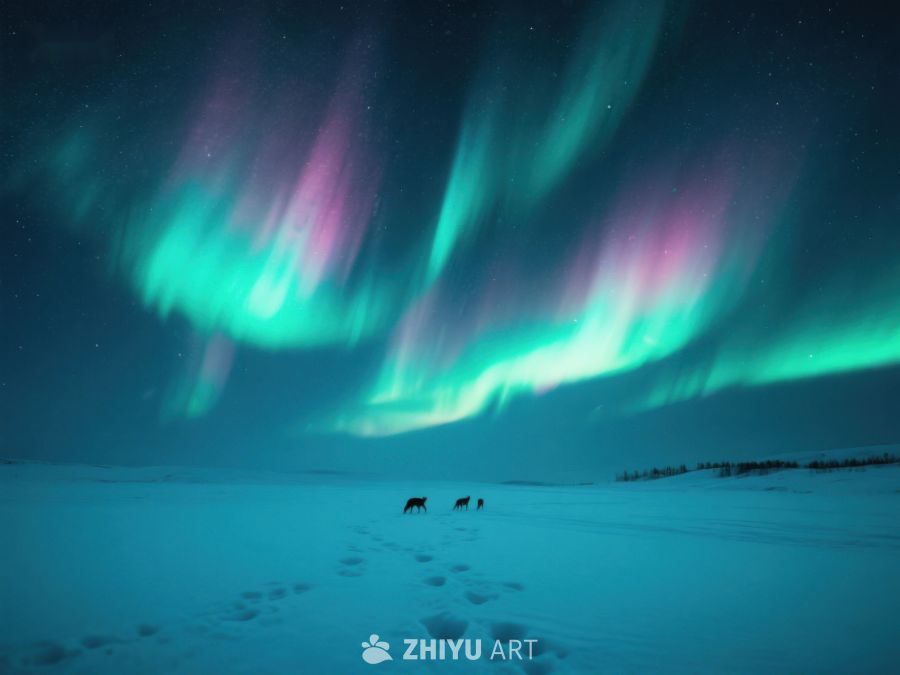 极光下的雪地与动物 43