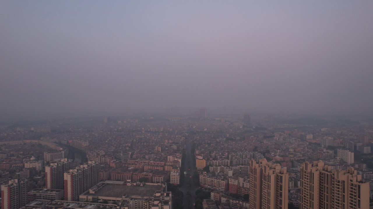 广东阳江城市清晨日出彩霞迷雾航拍 