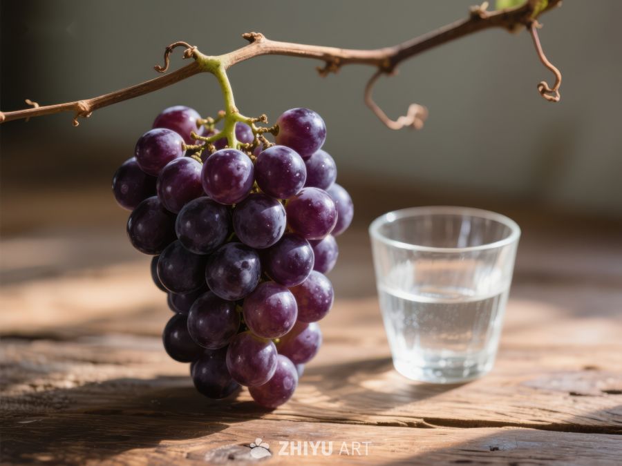 葡萄串与清水杯静置木桌 341