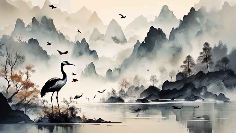 国风山水鹤插画背景 86