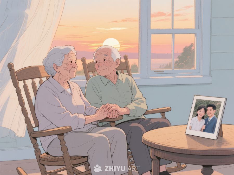 夕阳下，老夫妇手牵手温馨相伴 933