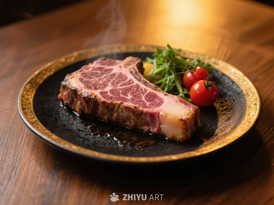 煎制牛排配蔬菜，热气腾腾