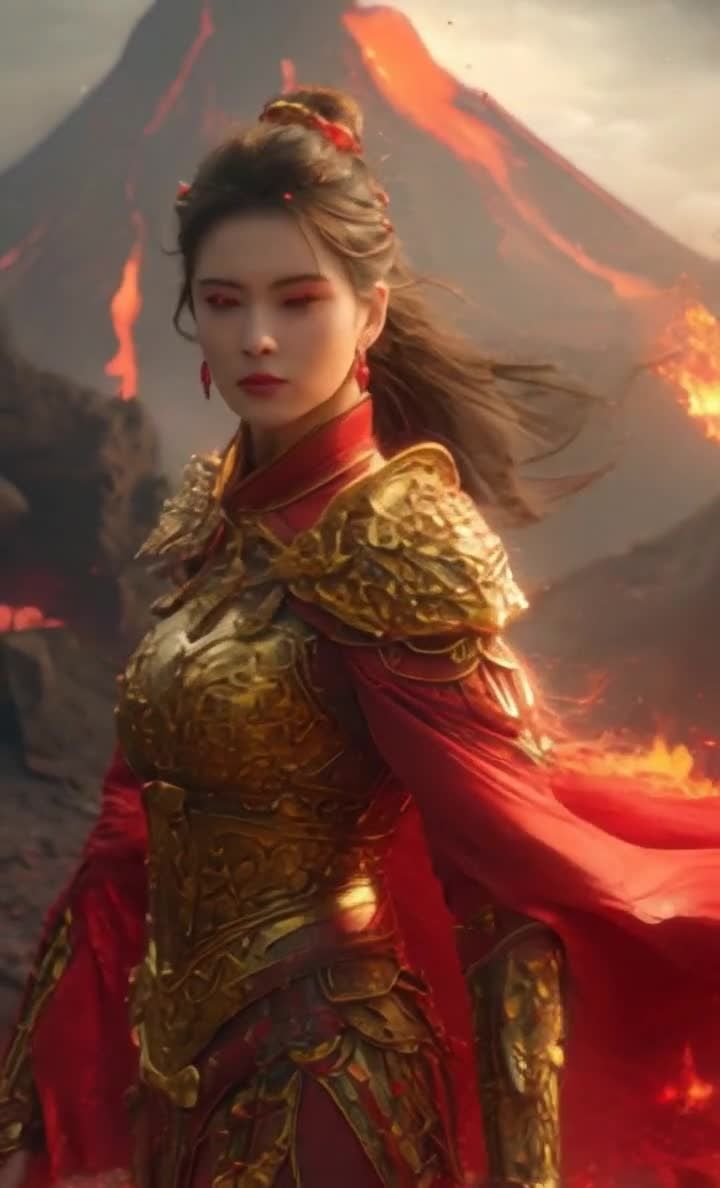红衣金甲女战士，烈焰火山背景下的战争