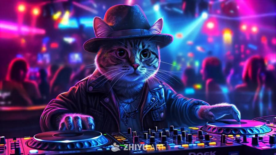 一只拟人化的猫戴着DJ风格的帽子，穿着DJ服装，在