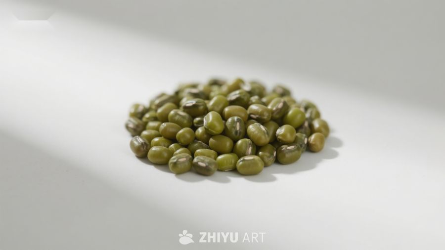 一堆绿豆静置于白色背景上