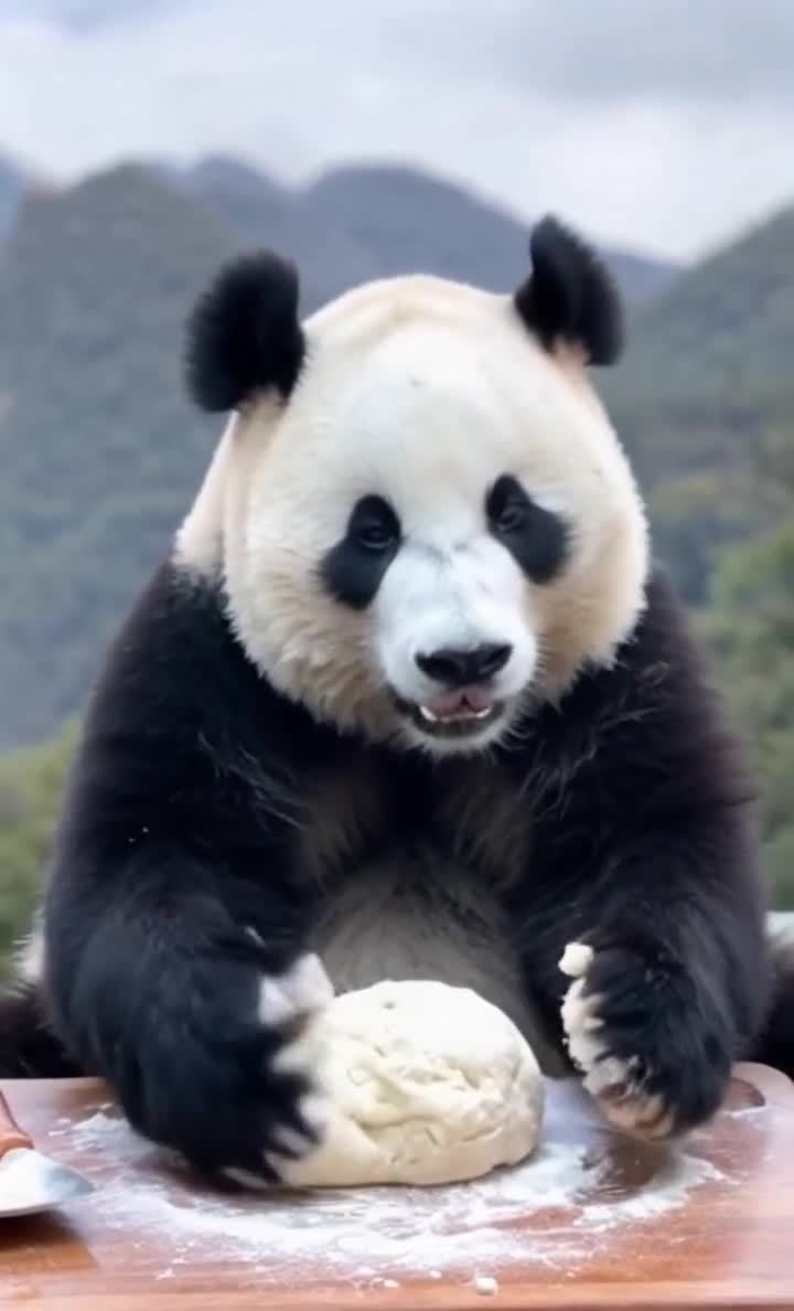 熊猫在砧板上揉面团准备烘焙食物