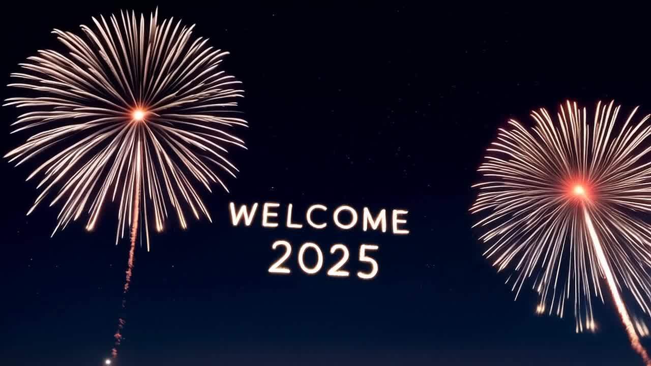 夜空中，两处烟花绽放成星形，并闪耀着WELCOME