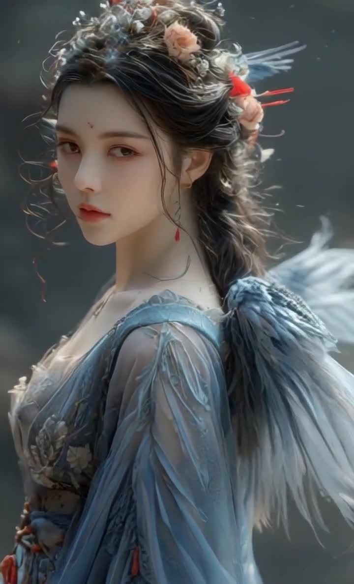 羽翼仙女，长发红唇，蓝裙花饰，眼神深邃侧颜。