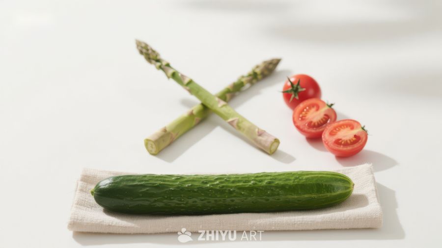 新鲜蔬菜组合：黄瓜、芦笋与樱桃番茄