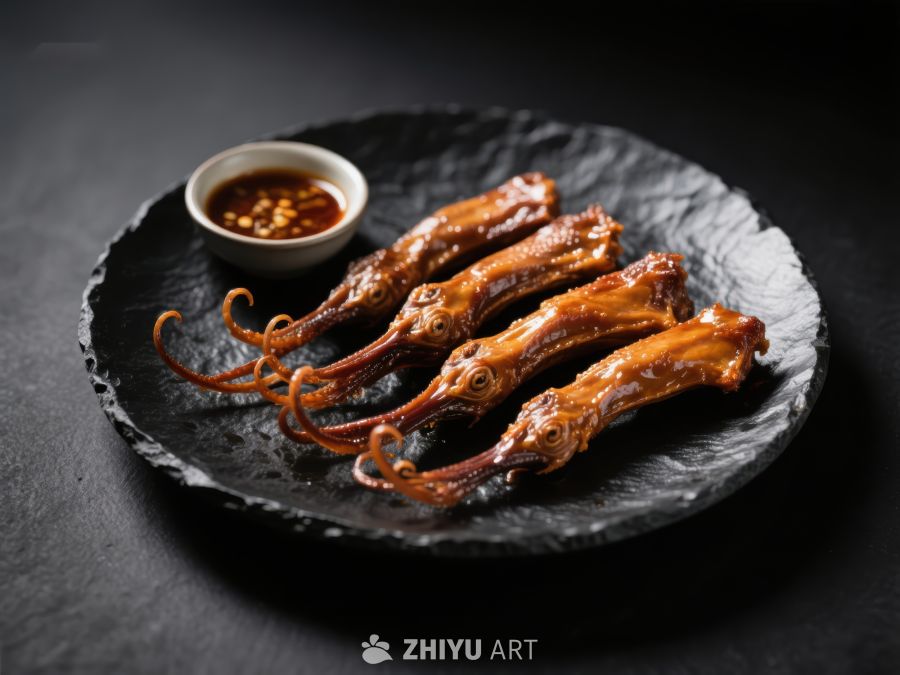 烤鱿鱼配蘸酱，黑色石盘呈现
