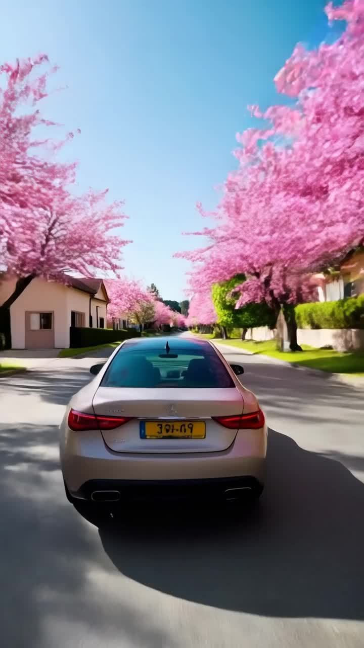 一辆汽车行驶在道路上，道路两旁是房屋和樱花树。天气