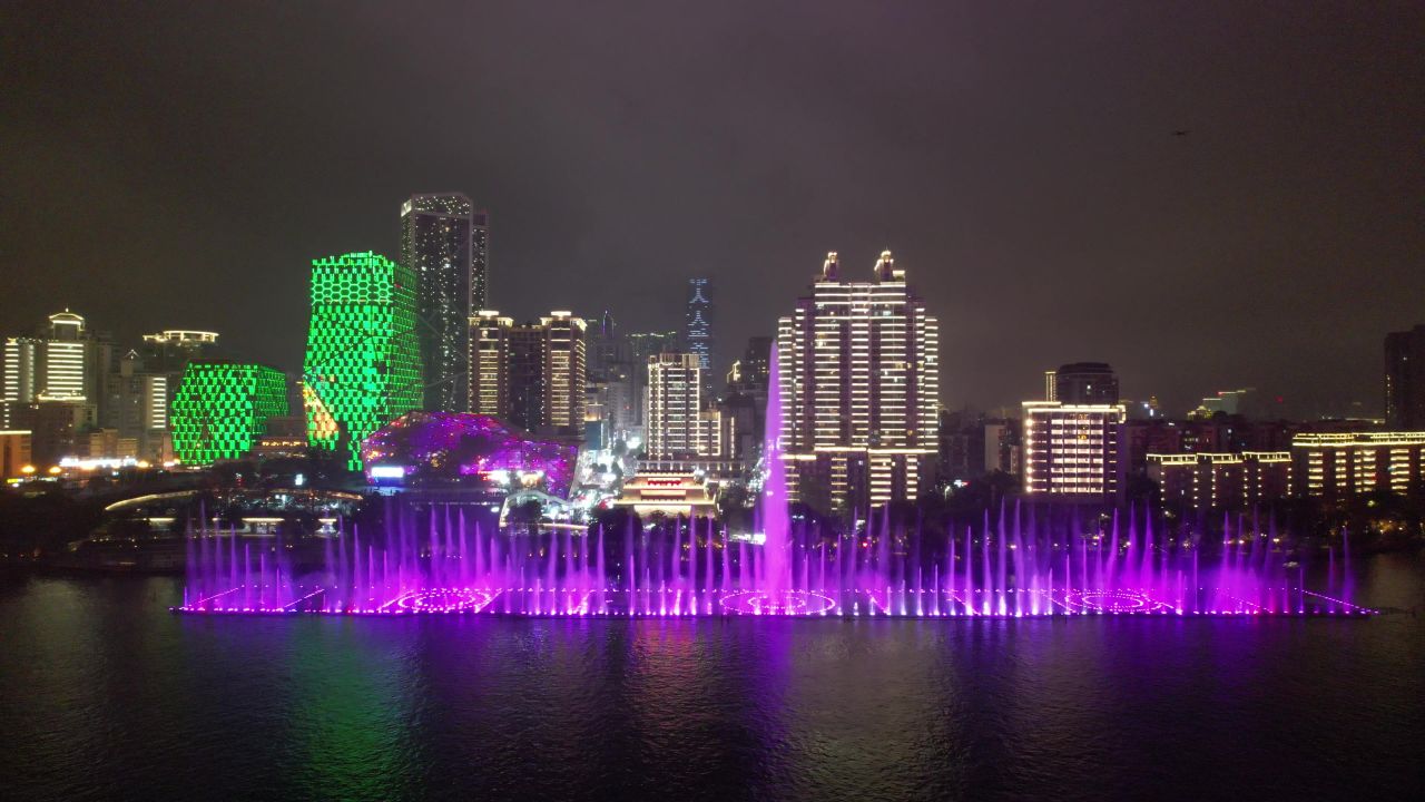  广西柳州音乐喷泉夜景航拍