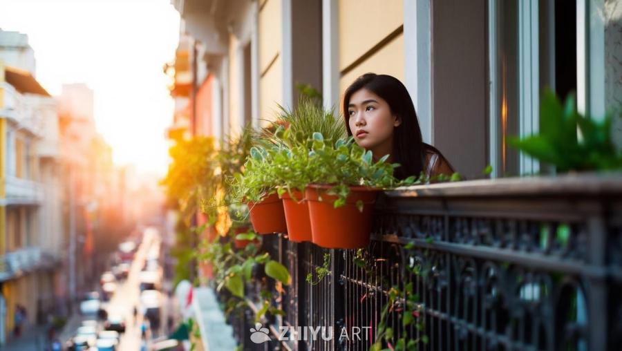 年轻女子倚靠在阳台上，阳台上有几个花盆，女子正朝向