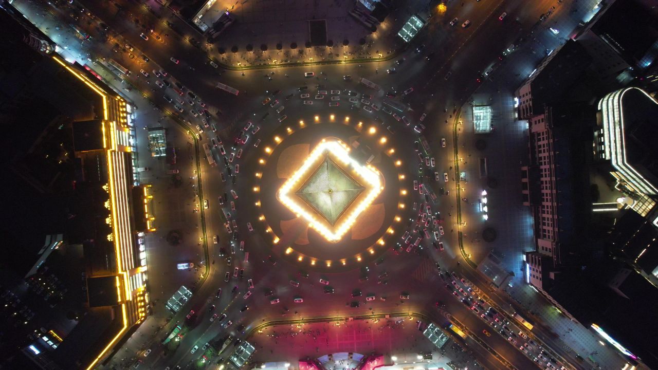 陕西西安钟楼夜景航拍