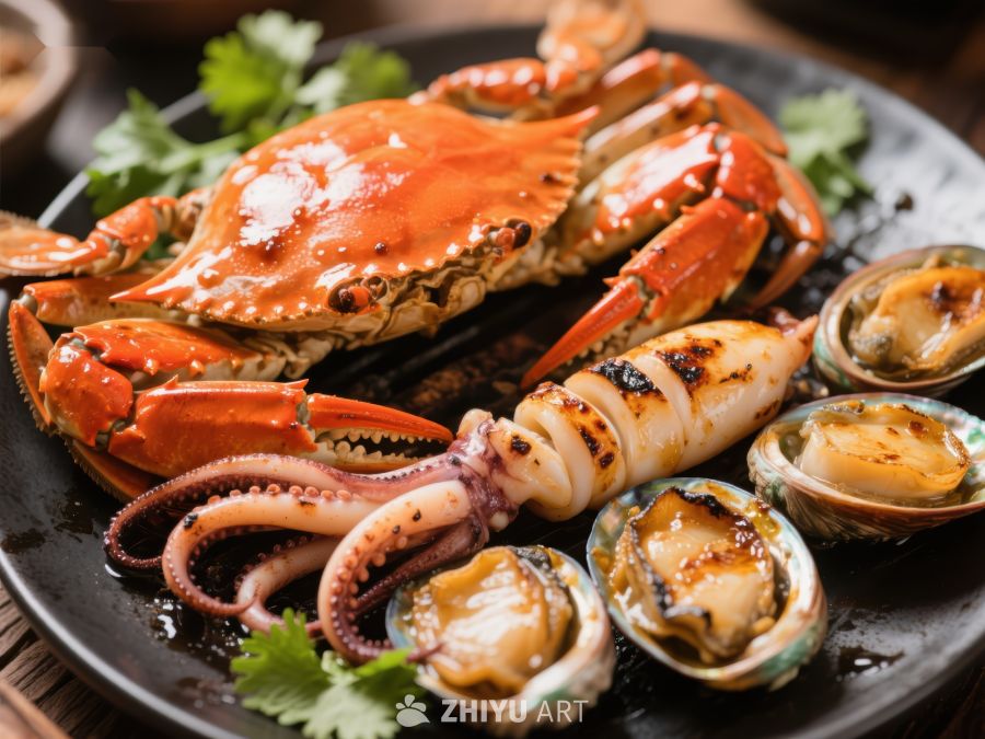 海鲜盛宴：螃蟹鱿鱼与贝壳