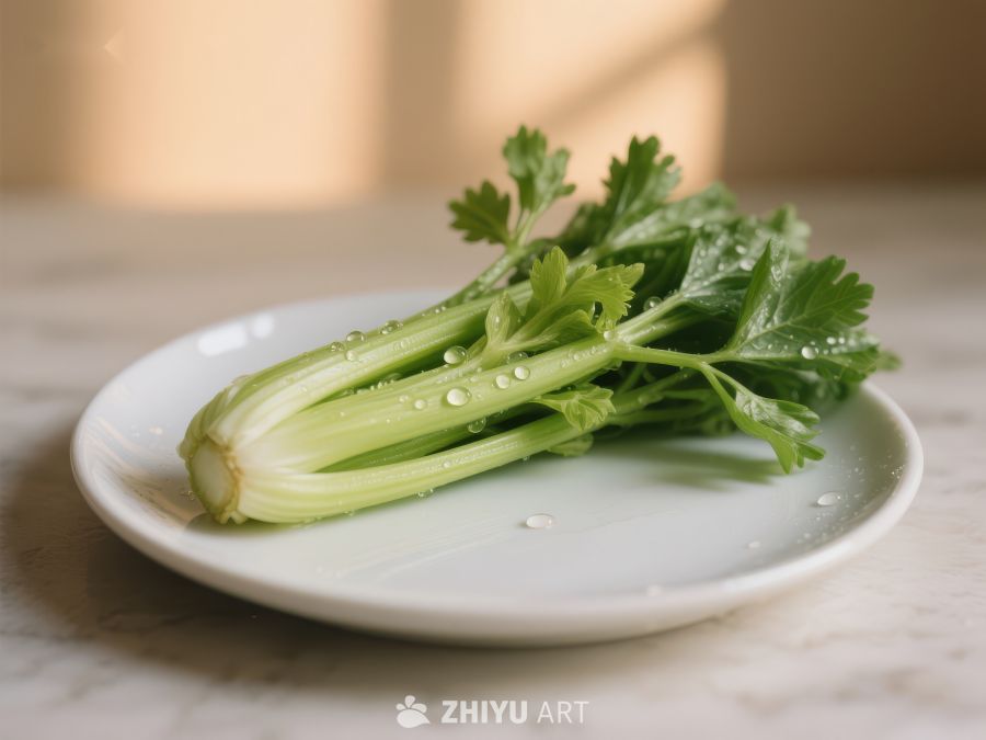 新鲜芹菜置于白色盘中 272